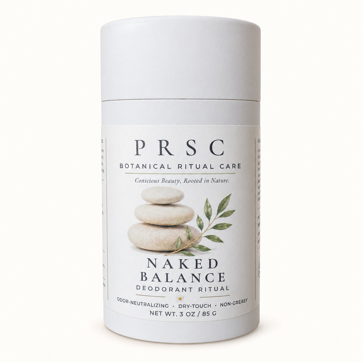 PRSC Naked Balance Deodorant Ritual in a white cylindrical container with a minimalist label featuring stacked stones and green leaves, set against a clean off-white background.