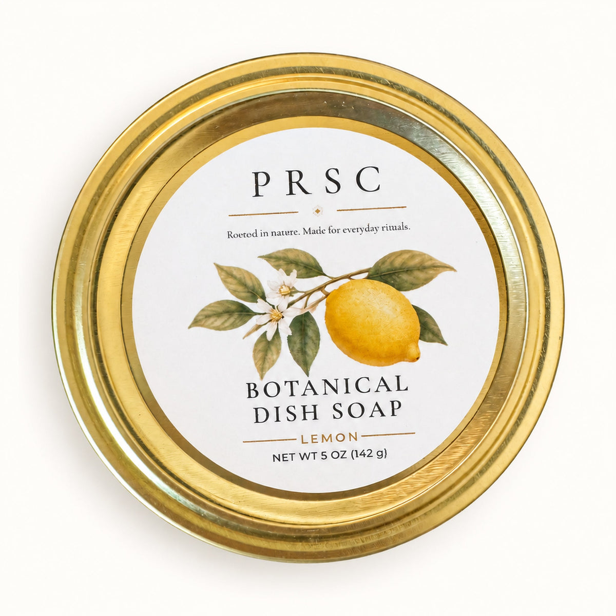 PRSC Botanical Dish Soap in a clear glass jar with a gold metal lid, shown on a clean white background.